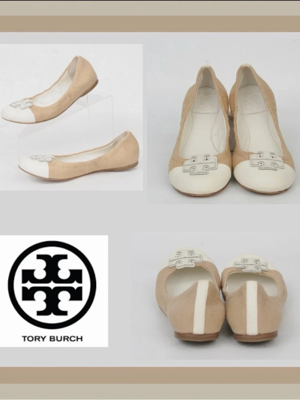Tory Burch Carita White Natural Beach Woven Straw Leather Ballet Flat Shoes 8 M